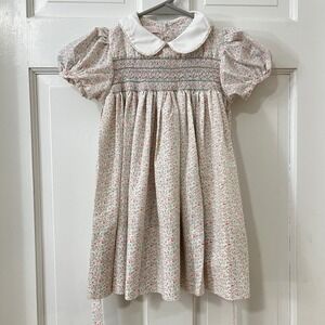Ramekins Calico Smocked Dress Girls 4 VTG Cottagecore Classic Peter Pan Collar